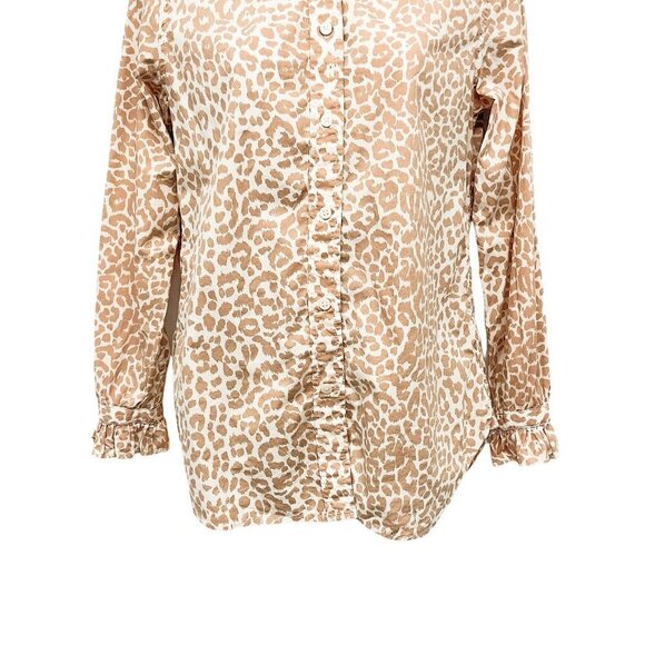 J. Crew Classic Fit Ruffle High Neck Button Up Shirt Popover Leopard Print Top - Picture 6 of 9